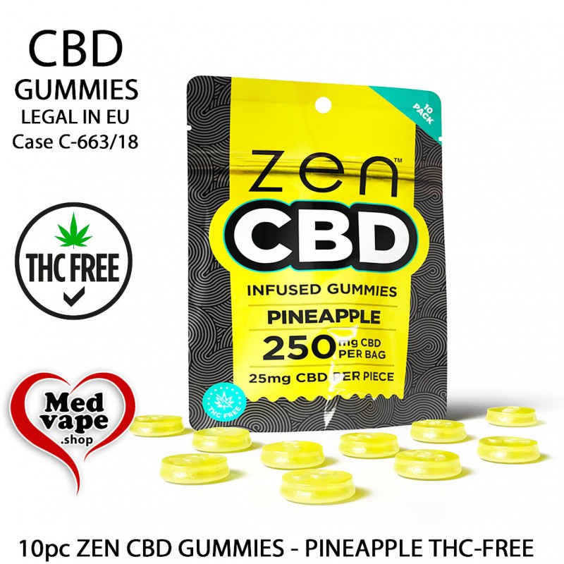 ZEN CBD GUMMIES PINEAPPLE - 10pc (250mg CBD) THC WEED CANNABIS CBG